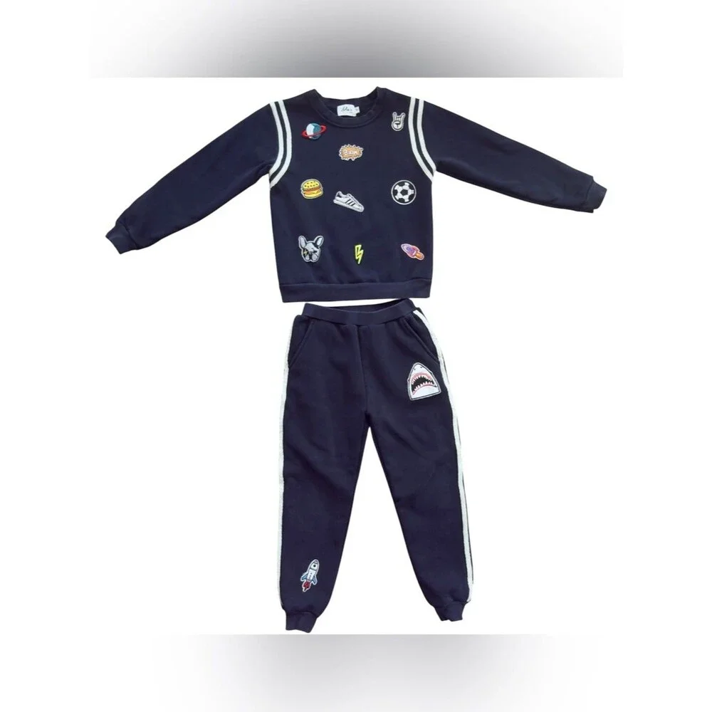 Lola + The Boys Kids Long Sleeve Embroidered Varsity Patch l Blue Jogger Set. 8